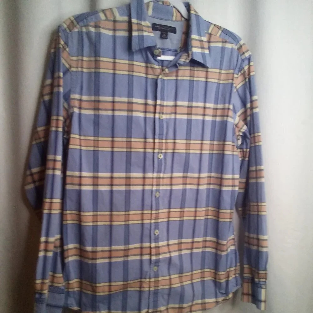 Banana Republic Shirt Men M 15 15 1/2 Button Up Long Sleeve Plaid Blue Orange